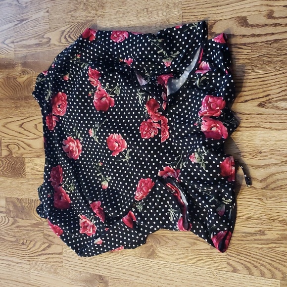 (M) I.N. San Francisco Soft Floral Print Wrap Top Statement Sleeves Ruffle Trim - Picture 7 of 9